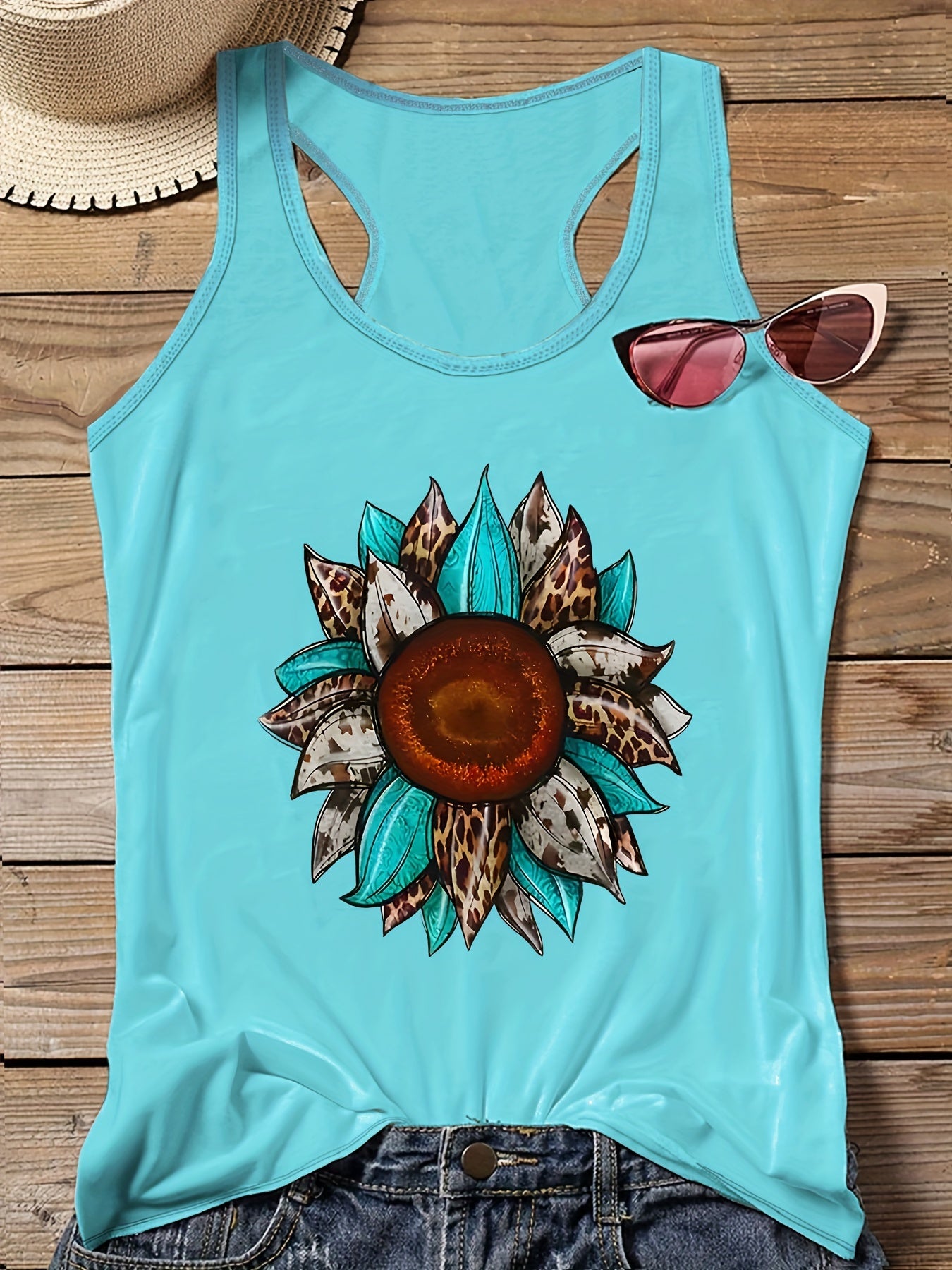 Casual Tank Top Women's Plus Leopard Sunflower Letter Print