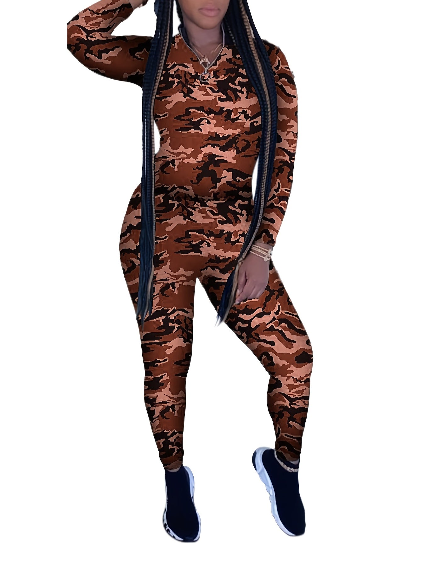 Camo Print Casual Two piece Set Zipper Long Sleeve Tops & Long Length Pants