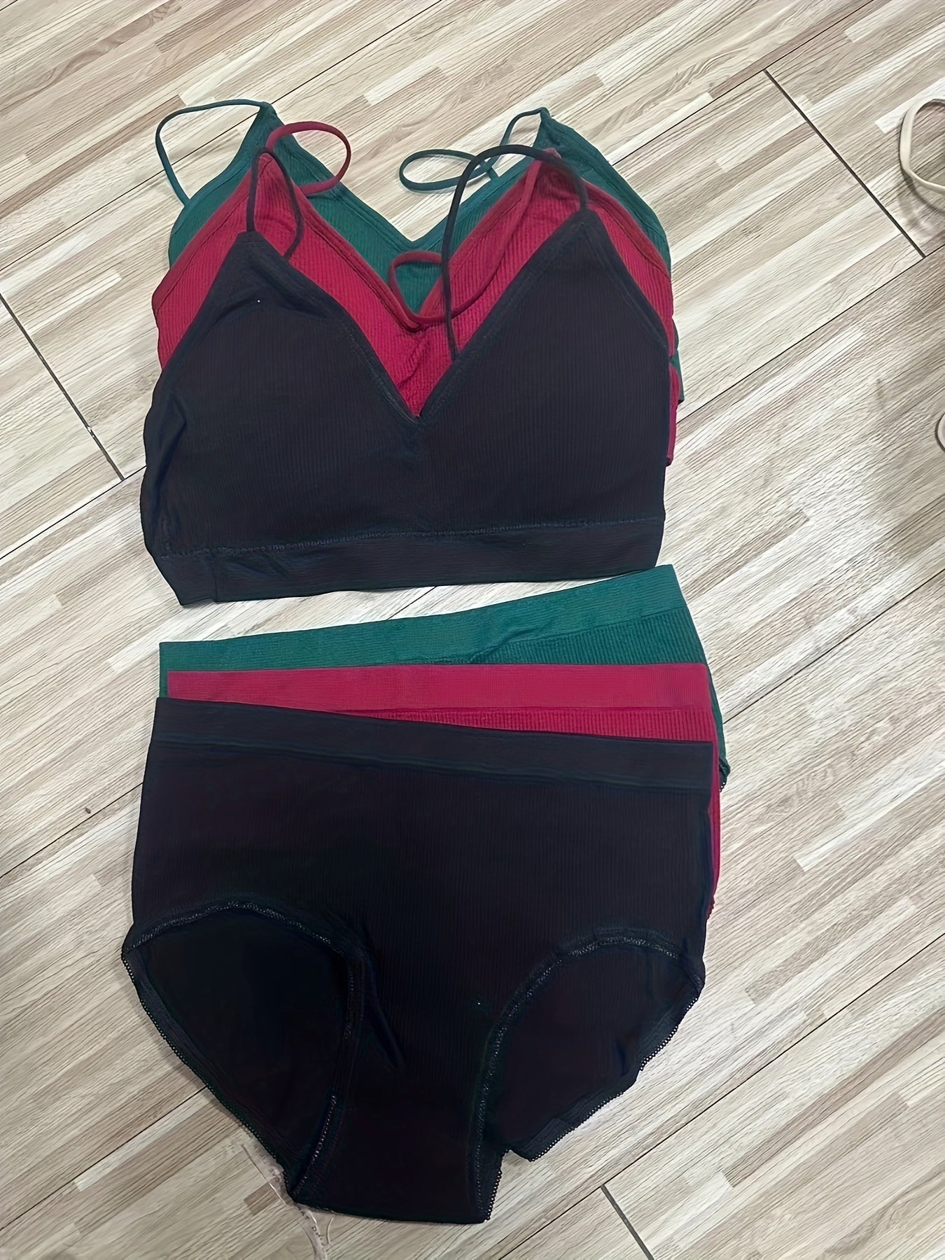 3 Sets Solid Ribbed Bra & Panties Push Up Bra & Elastic Panties Lingerie Set