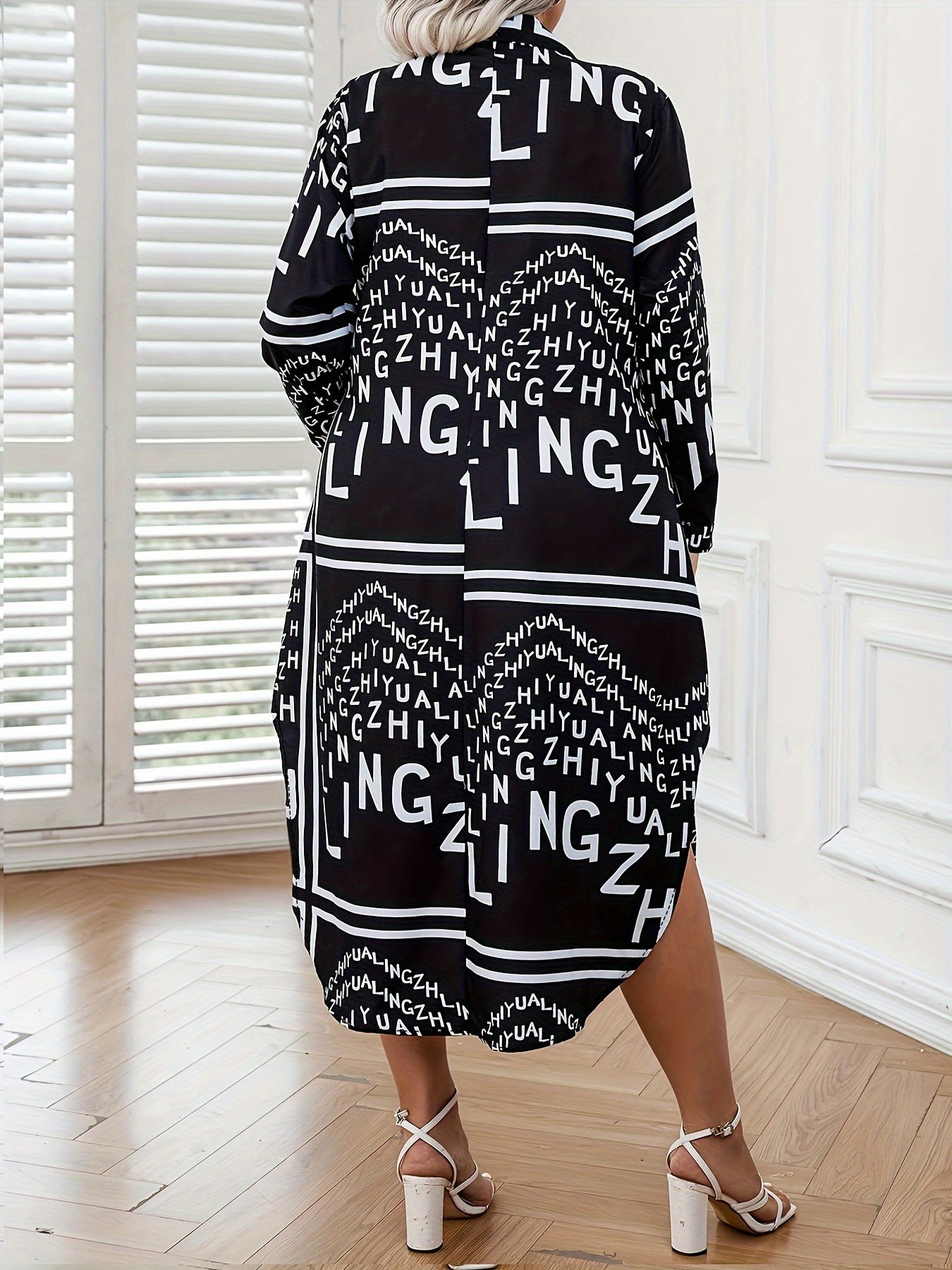 Shirt Women's Plus Letter & Stripe Print Long Sleeve Button Up