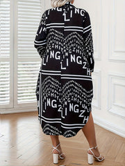 Shirt Women's Plus Letter & Stripe Print Long Sleeve Button Up