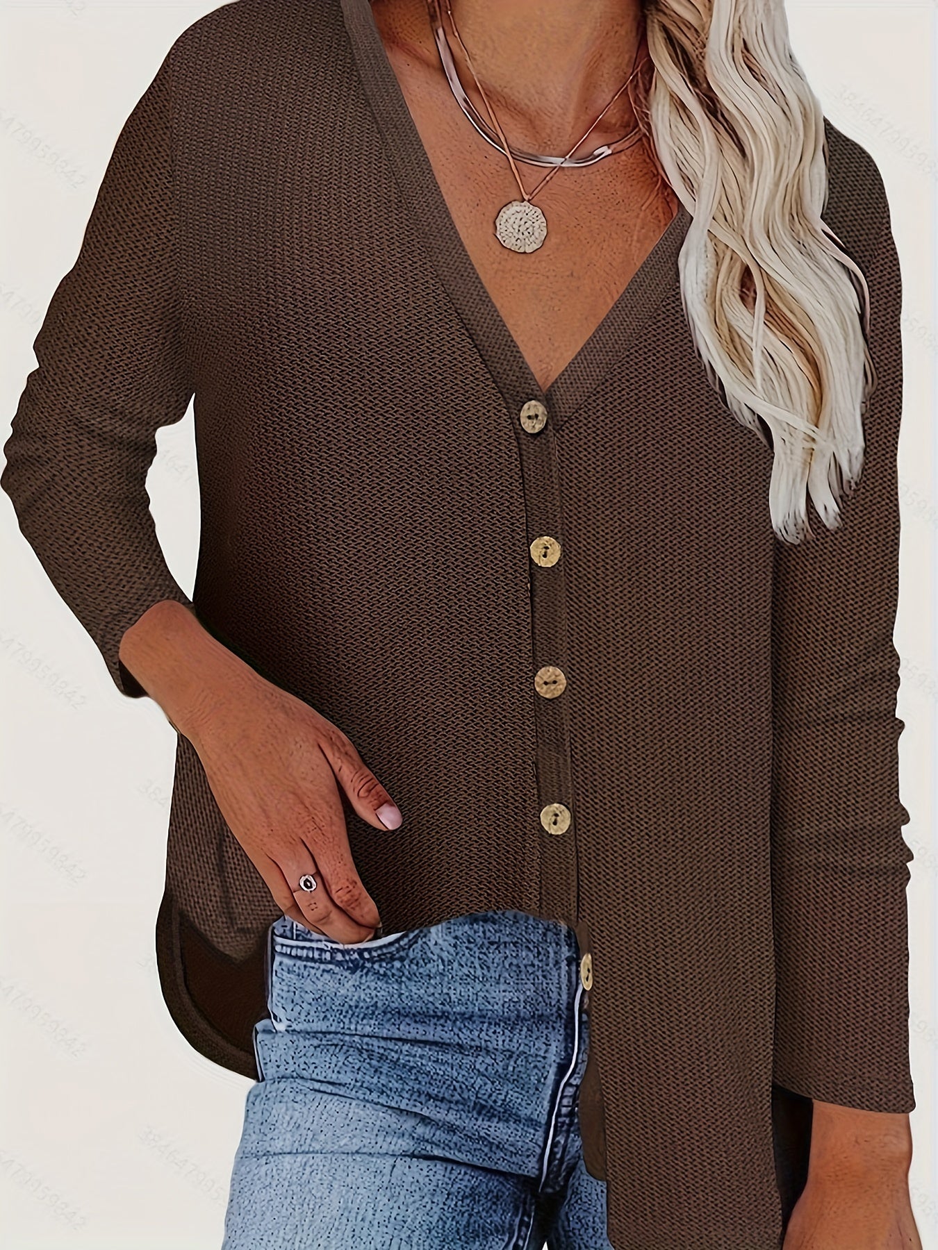 Casual Cardigan Women's Plus Solid Long Sleeve Button Front V Neck
