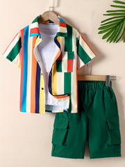 2pcs Boys Teen Casual Striped Shirt & Shorts Set for Summer