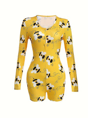 Bee Print Lounge Romper Long Sleeve V Neck Buttons Romper Women's Loungewear