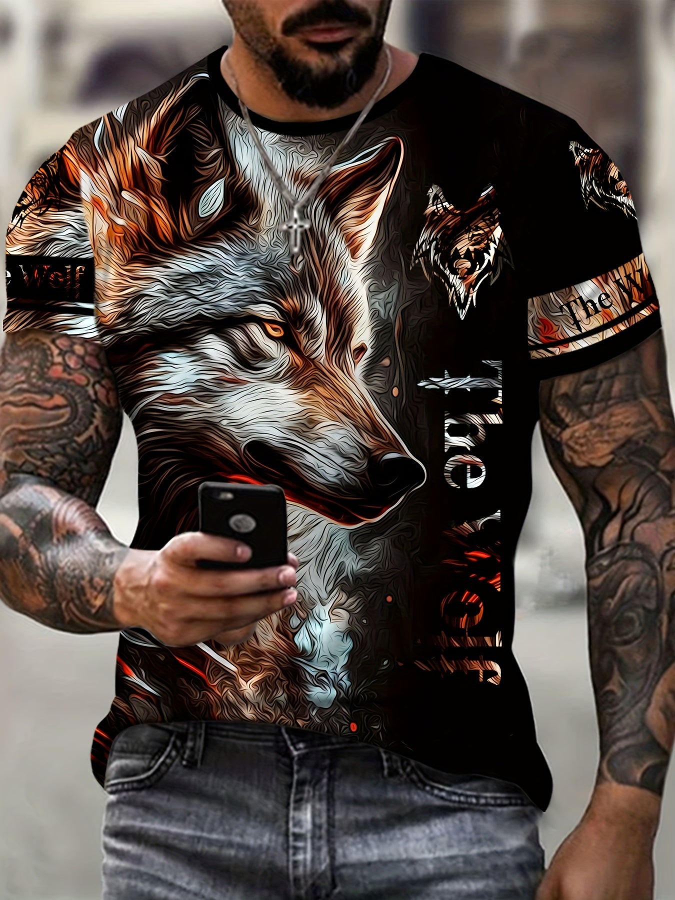 Wolf Print Men's Short Sleeve Tee for Autumn