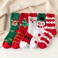 5 Pairs Christmas Pattern Socks Comfy & Fuzzy Crew Socks Women's Stockings