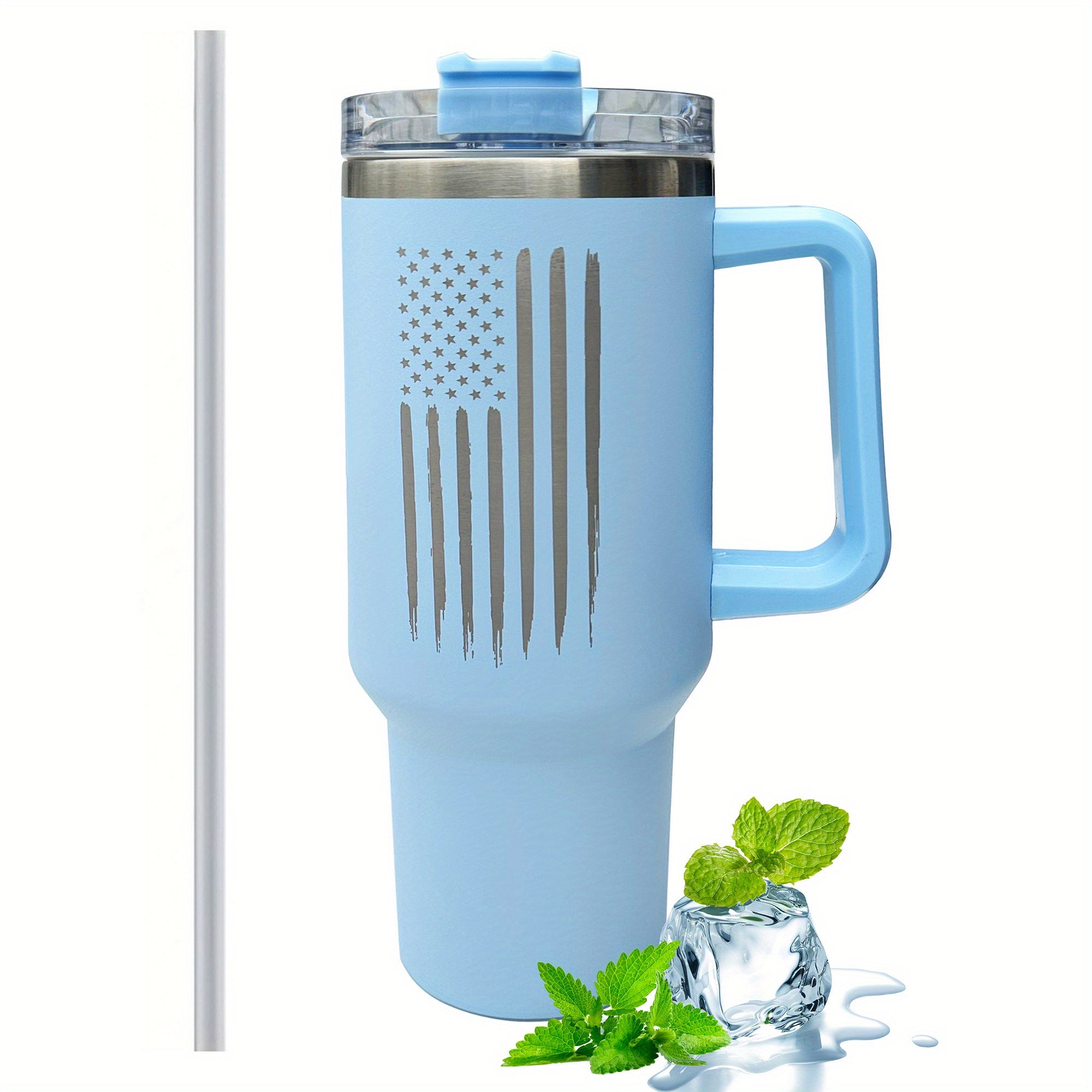 40oz Flag Print Vacuum Tumbler w/ Handle & Straw Lid Stainless Steel