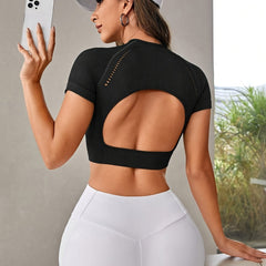 Ribbed Breathable Short Sleeve Shirt Backless Slim Yoga Top