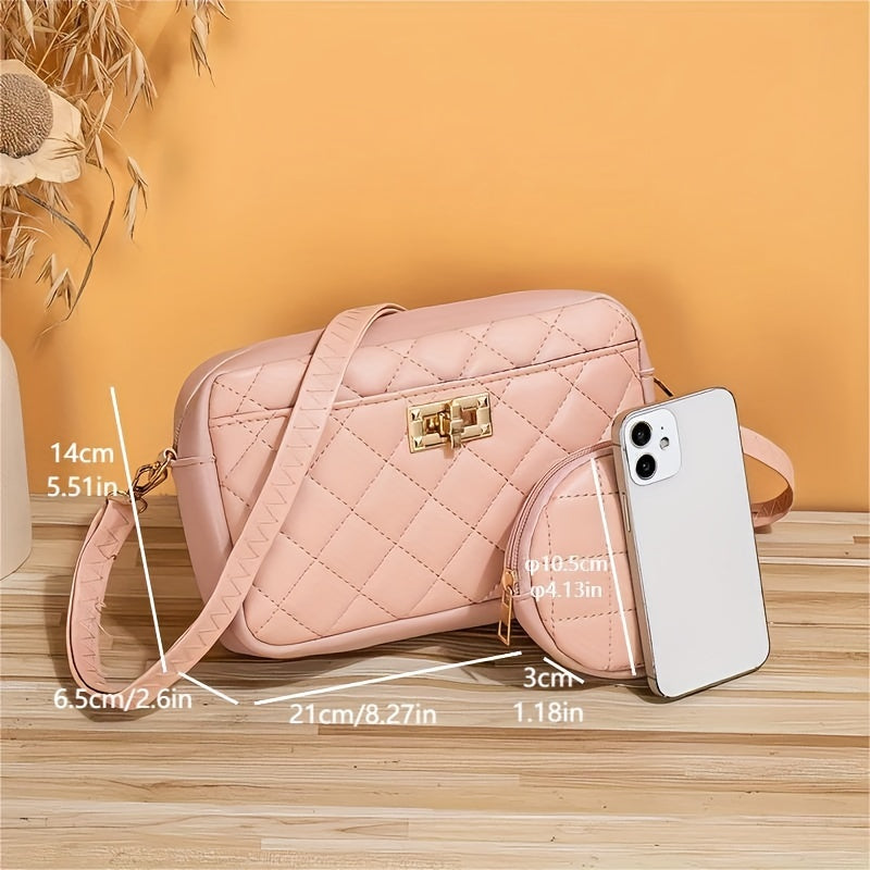 Quilted Shoulder Bag Faux Leather Crossbody Bag Zipper Turn Lock
