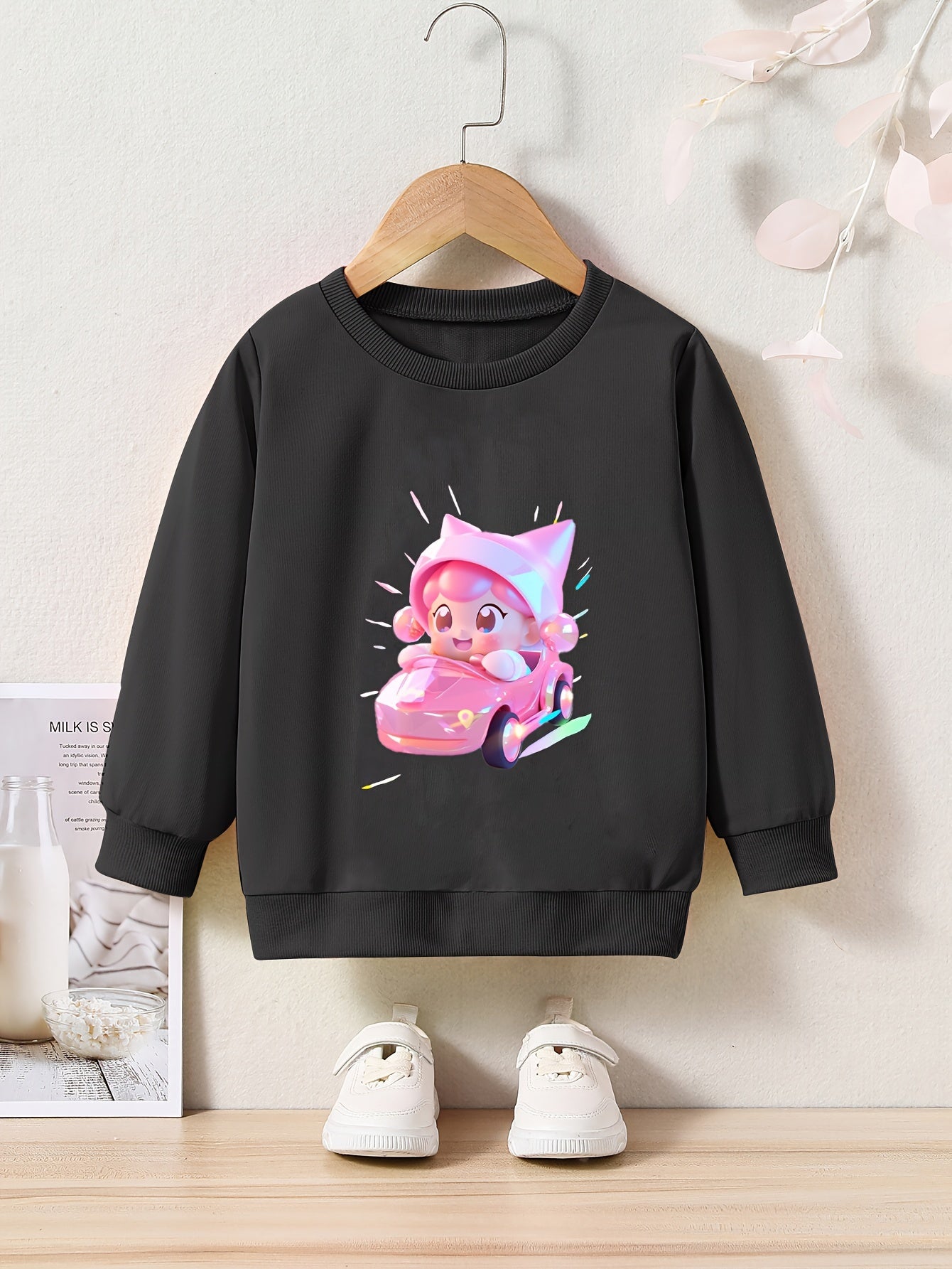 Girls Cartoon Character Print Pullover Sweatshirt for Fall Winter