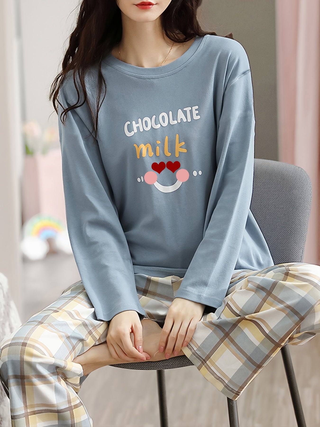 Letter Print Pajama Set Long Sleeve Top & Plaid Pants