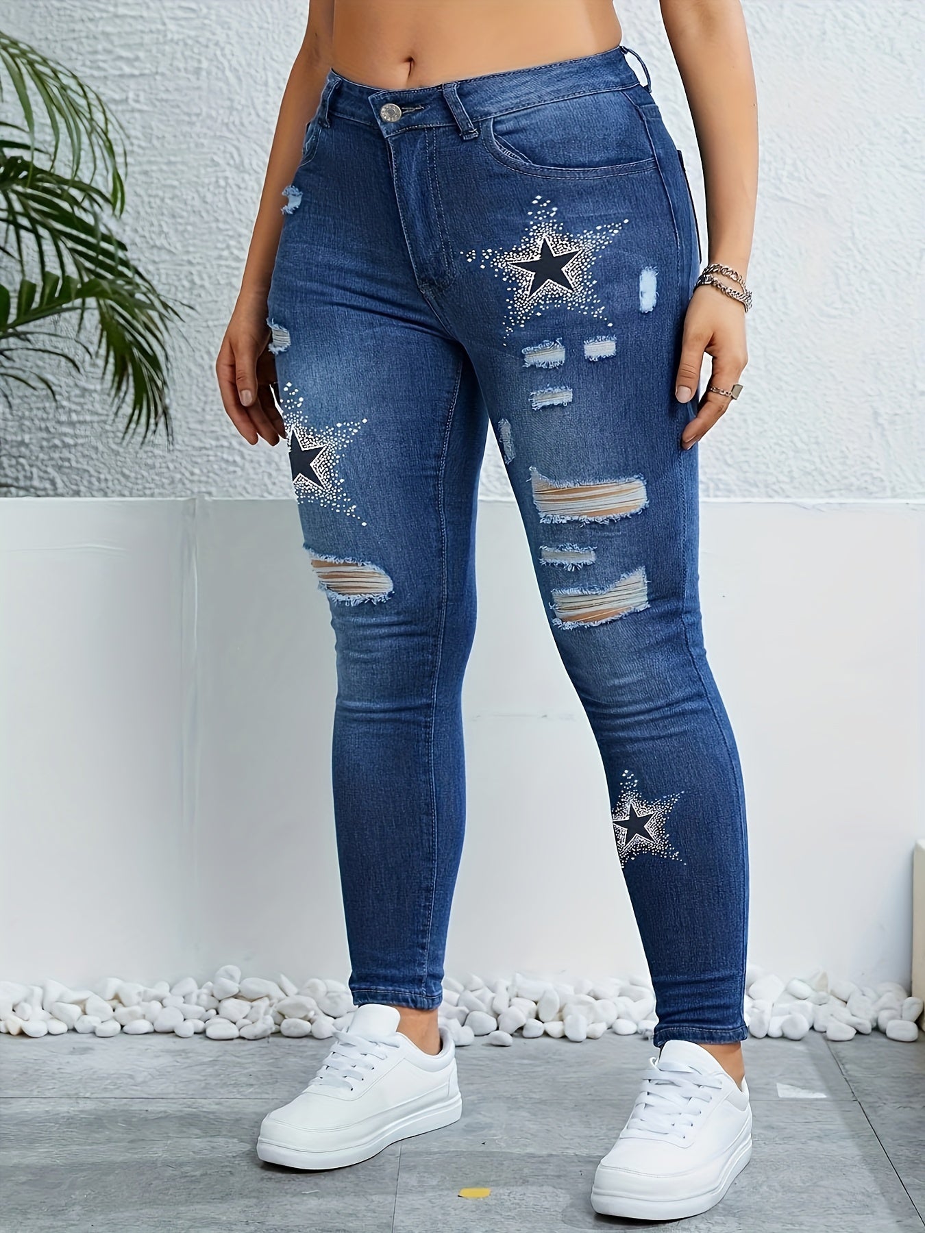 Star Print Ripped High Rise Skinny Jeans