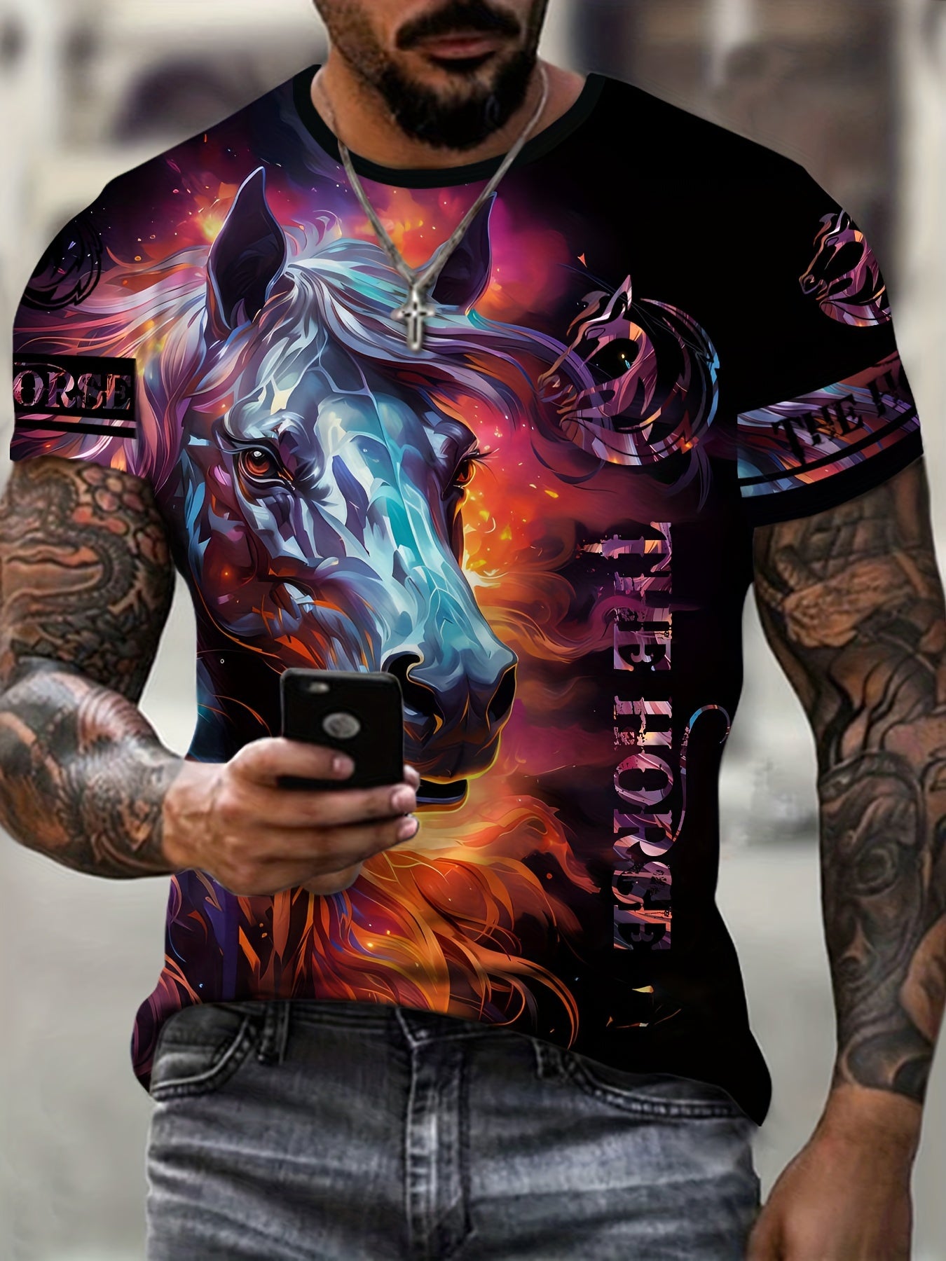 Horse 3D Pattern Print Men's Short Sleeve Comfy T-shirt Graphic Tee
