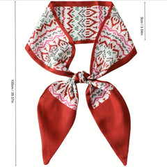 Geometric Print Red Skinny Scarf Silk Hair Ribbon Satin Neckerchief
