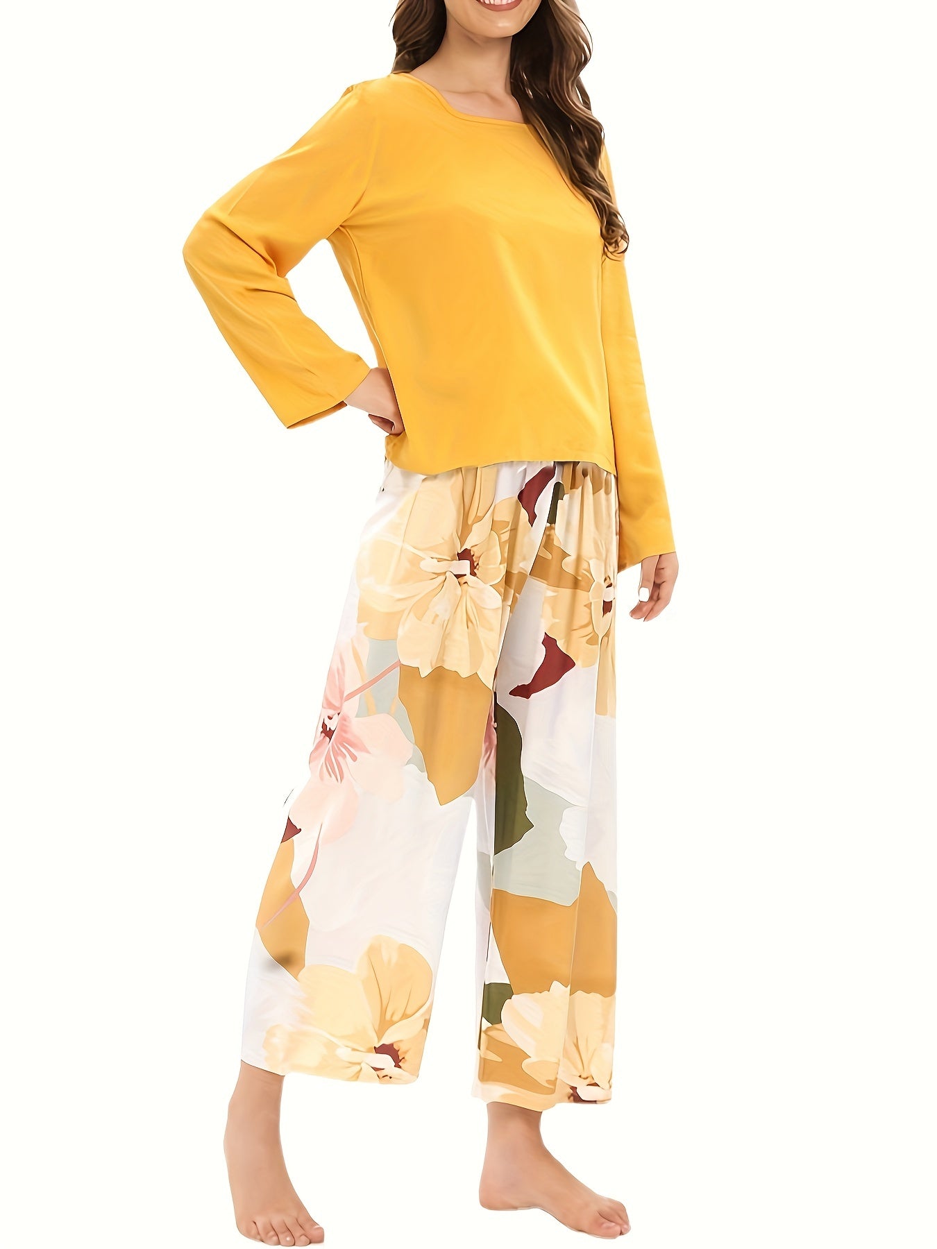 Floral Print Pajama Set Long Sleeve Top & Elastic Waistband Pants