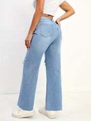 Frayed Trim Straight Jeans Boyfriend Style Wide Legs