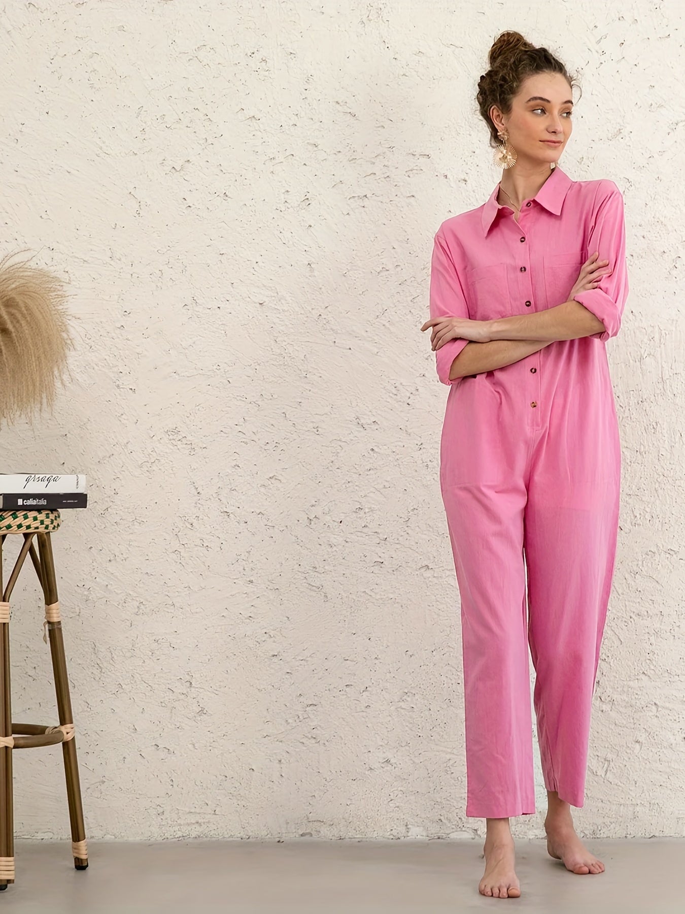 Solid Button Up Long Sleeve Jumpsuit