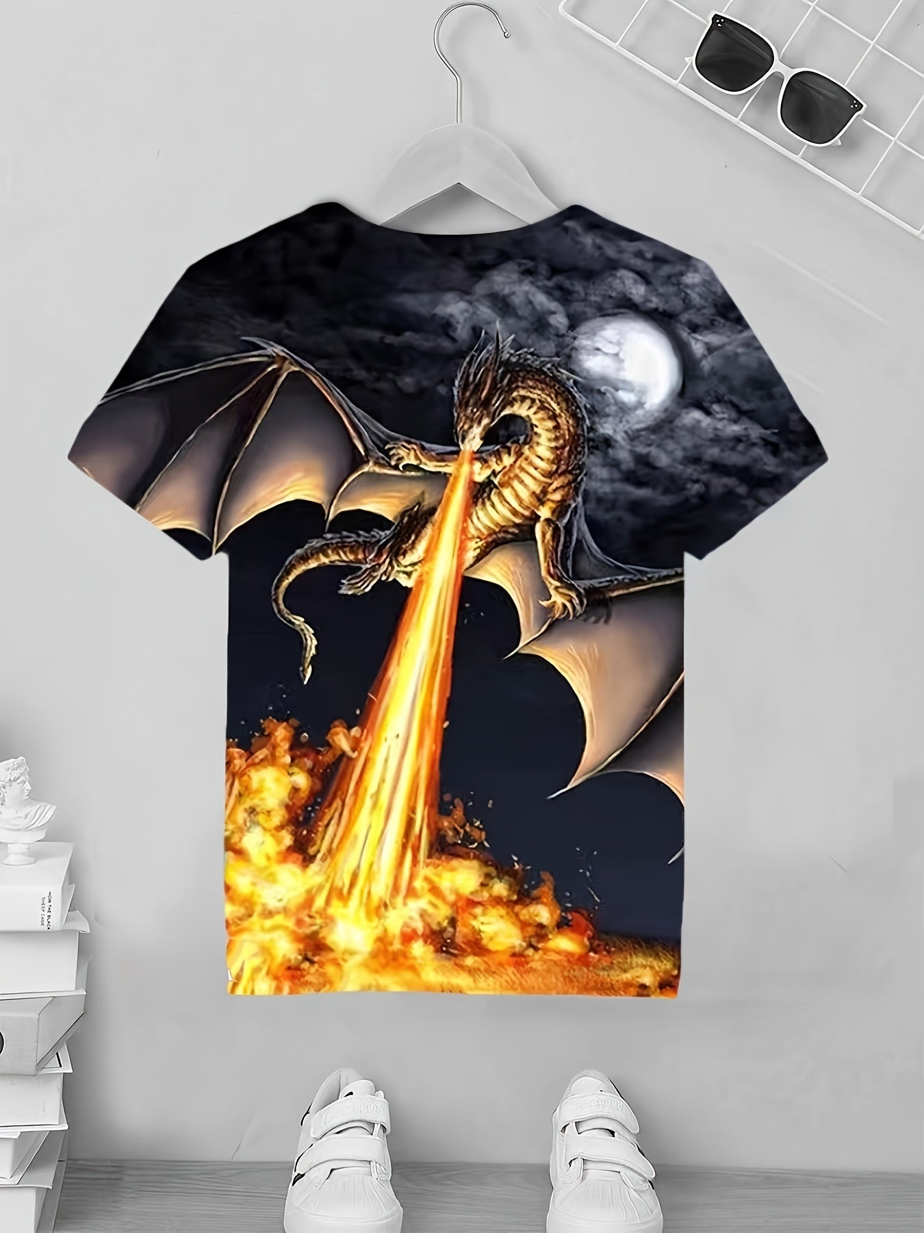 3D Dragon & Fire Pattern T shirt For Kids Short Sleeve Top Casual Tee