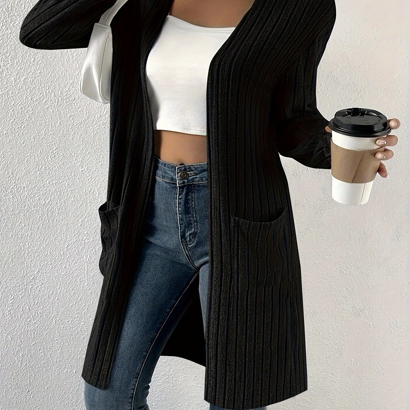 Open Front Ribbed Knit Cardigan