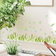 Green Plant Wall Stickers Green Grass Flowers Butterflies Wall Decals