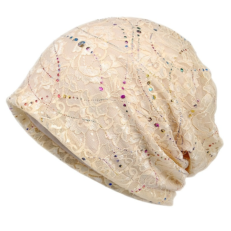 Hotfix Rhinestone Embossed Lace Beanie Hat Solid Skull Cap