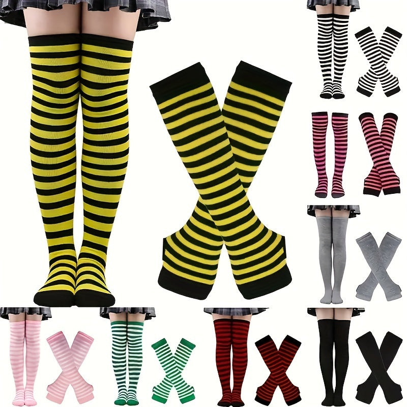 2pcs Teen's Striped Over Knee High Socks Set for Outdoor Activities