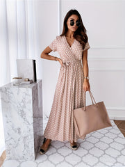 Polka Dot Split Ankle Dress V Neck Short Sleeve Casual Dress