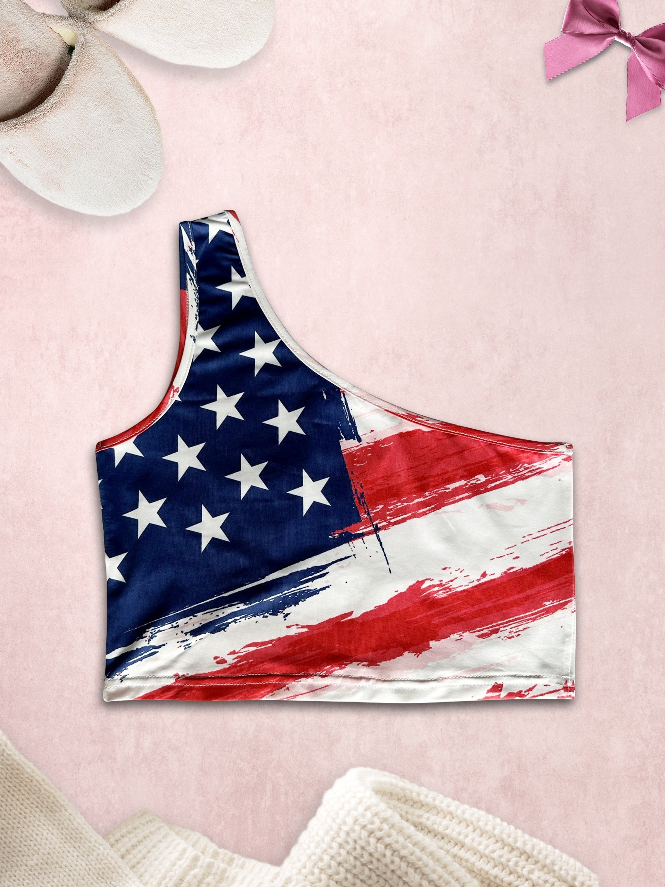 One Shoulder American Flag Print Top Sexy Independence Sleeveless Top