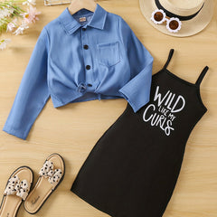 Girl's 2pcs Knotted Shirt & Sundress Set WILD LIKE MY CURLS Print