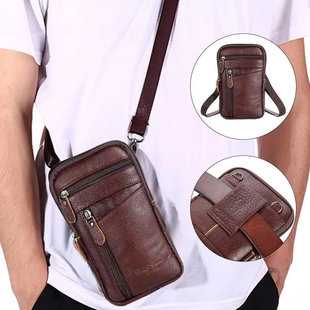 Men Leather Phone Pouch Belt Anti-theft Bag Shoulder Pack Crossbody Zipper Purse