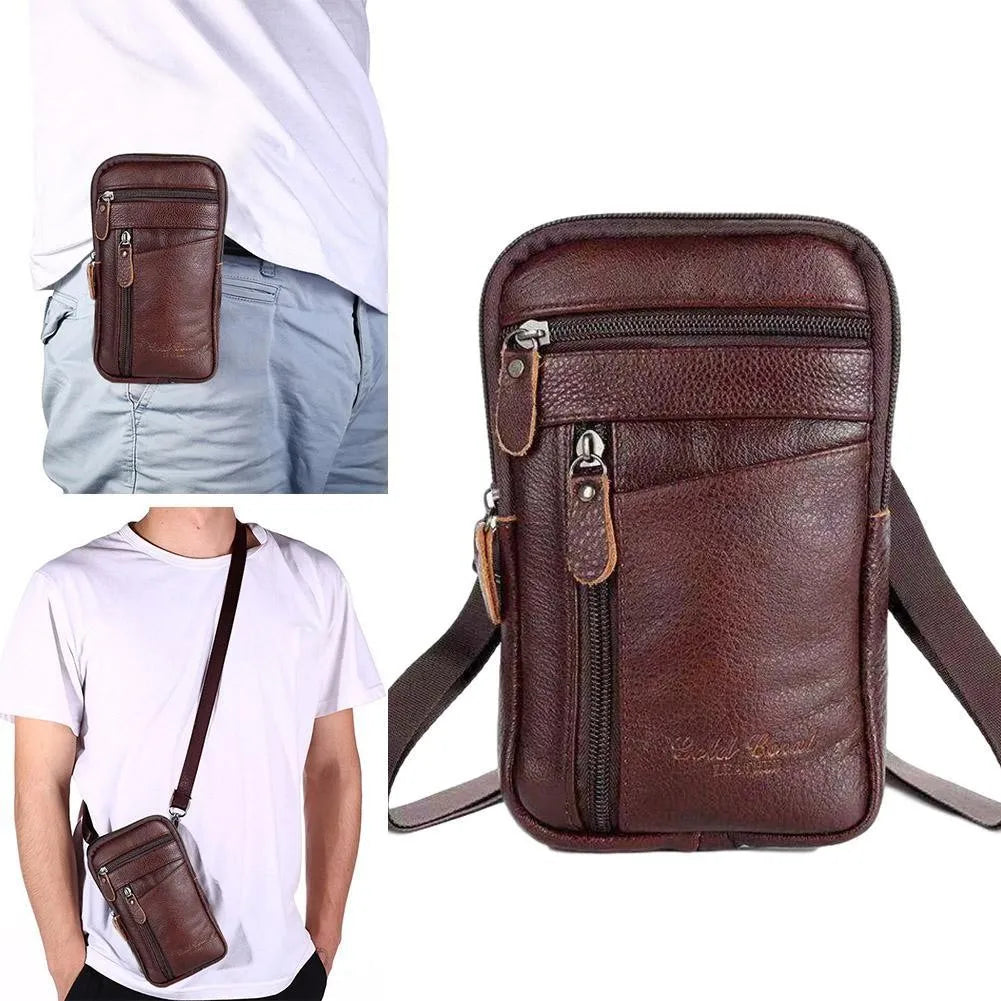 Men Leather Phone Pouch Belt Anti-theft Bag Shoulder Pack Crossbody Zipper Purse