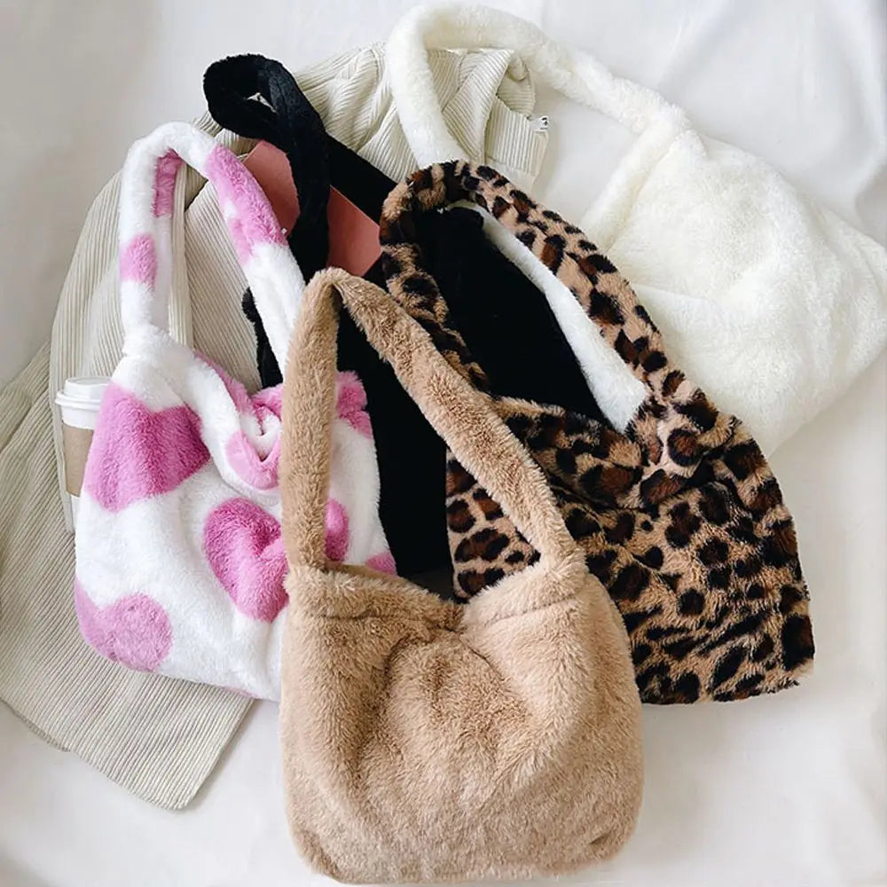 Women Fluffy Shoulder Bag Soft Plush Tote Shopping Bag