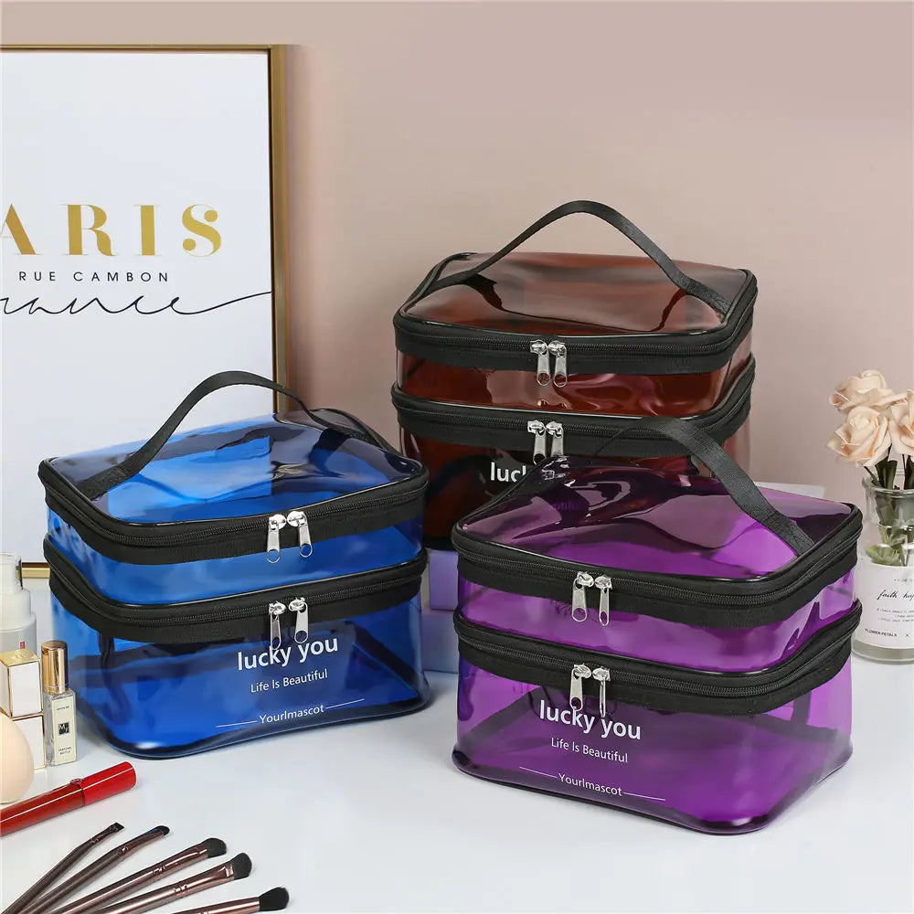 Transparent Double Layer Travel Cosmetic Bag Jelly Large Capacity
