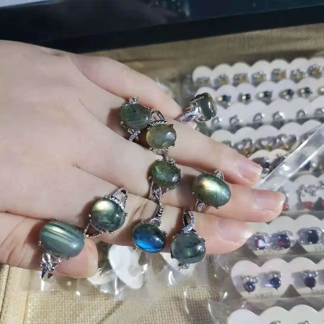 Labradorite Ring Grey Moonstone inlay Moon night Silver Organic gems
