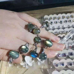 Labradorite Ring Grey Moonstone inlay Moon night Silver Organic gems