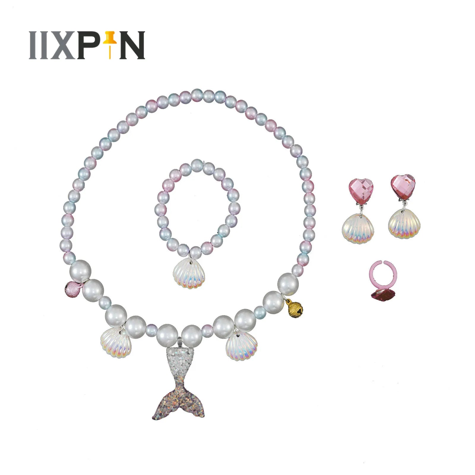 Mermaid Princess Accessories Set: Necklace, Bracelet, Ear Clip, Ring