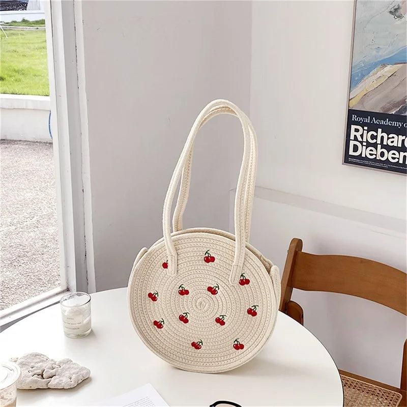 Embroidery Cherry Round Handbag Tote Bag for Women, Large Capacity Shoulder Bag
