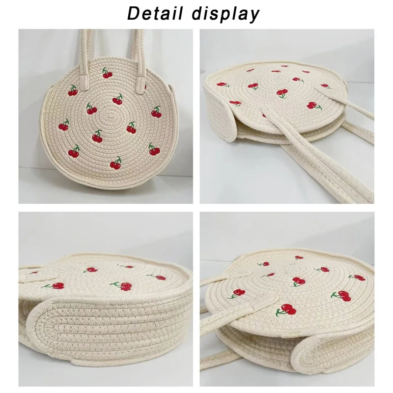 Embroidery Cherry Round Handbag Tote Bag for Women, Large Capacity Shoulder Bag