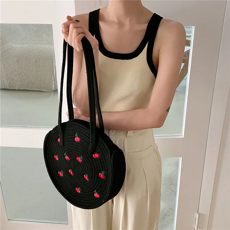 Embroidery Cherry Round Handbag Tote Bag for Women, Large Capacity Shoulder Bag
