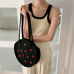 Embroidery Cherry Round Handbag Tote Bag for Women, Large Capacity Shoulder Bag