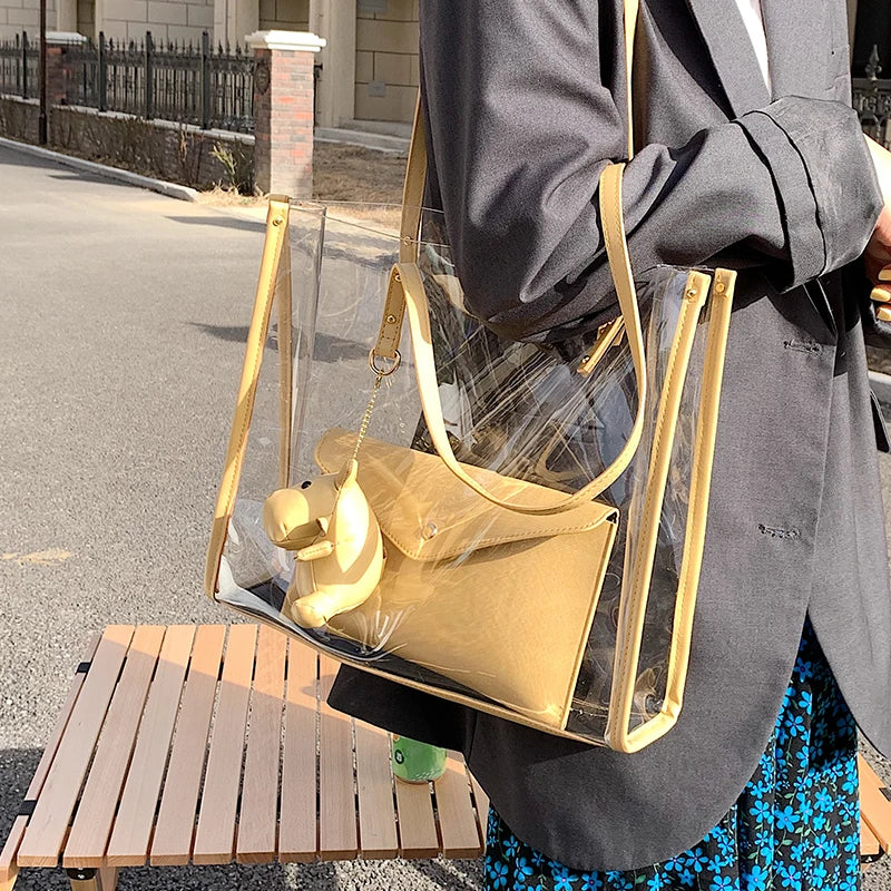 2 Pcs Green Transparent PVC Jelly Shoulder Bag Women Large Capacity Tote