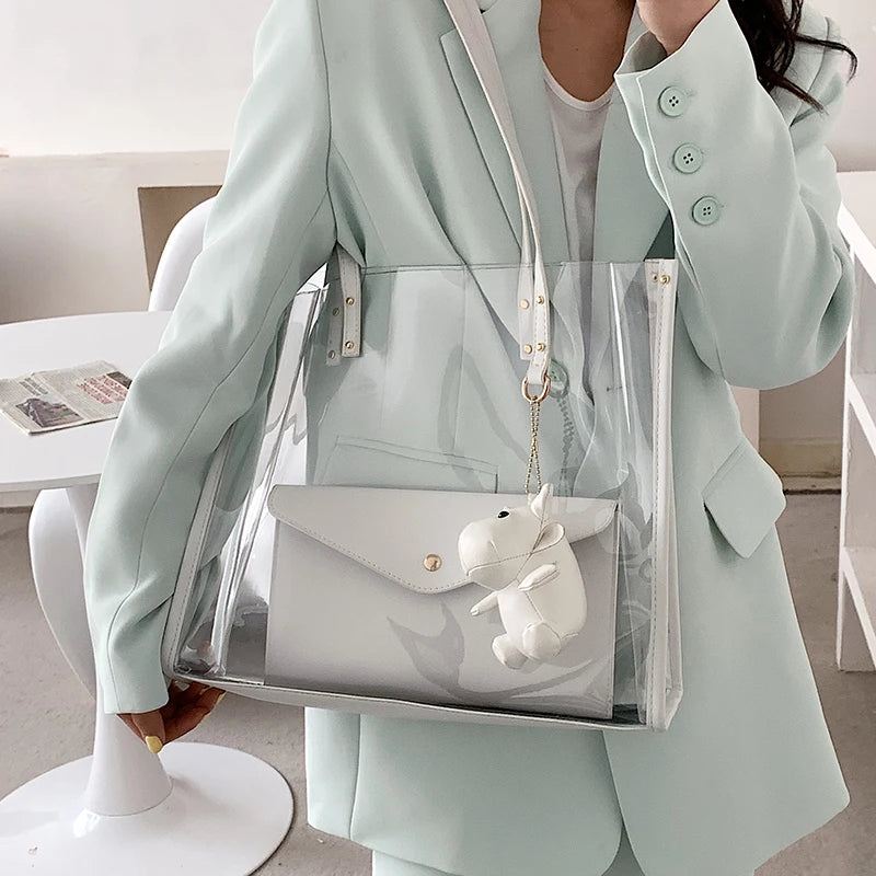 2 Pcs Green Transparent PVC Jelly Shoulder Bag Women Large Capacity Tote