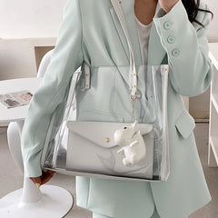 2 Pcs Green Transparent PVC Jelly Shoulder Bag Women Large Capacity Tote