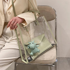 2 Pcs Green Transparent PVC Jelly Shoulder Bag Women Large Capacity Tote