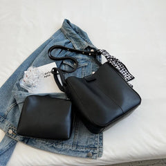 2 Pcs/Set Ribbon Women Tote Bucket Bags Soft Leather Female Handbags