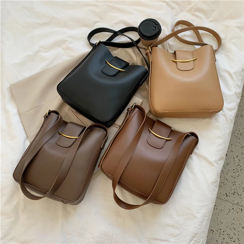 Vintage PU Leather Bucket Crossbody Bags for Women Shoulder Lady Handbags
