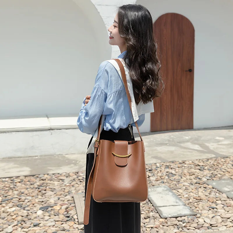 Vintage Small PU Leather Bucket Crossbody Bags For Women Lady Shoulder