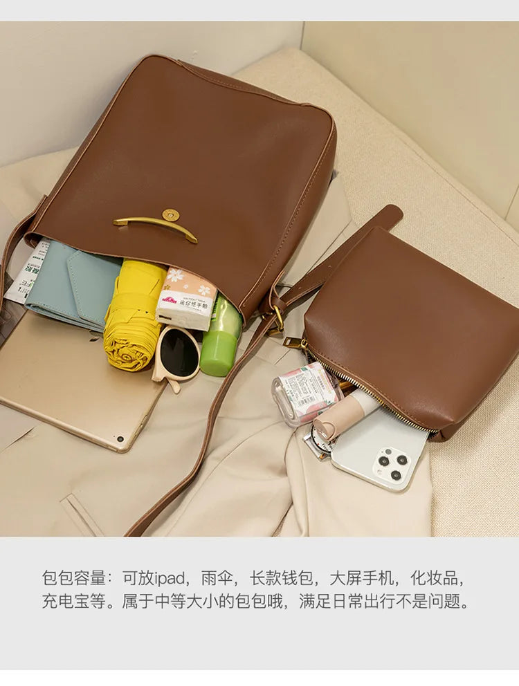Vintage Small PU Leather Bucket Crossbody Bags For Women Lady Shoulder