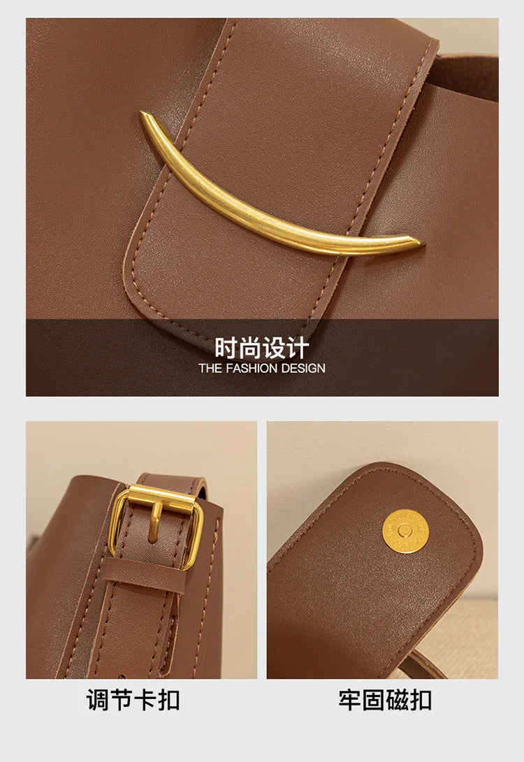 Vintage Small PU Leather Bucket Crossbody Bags For Women Lady Shoulder