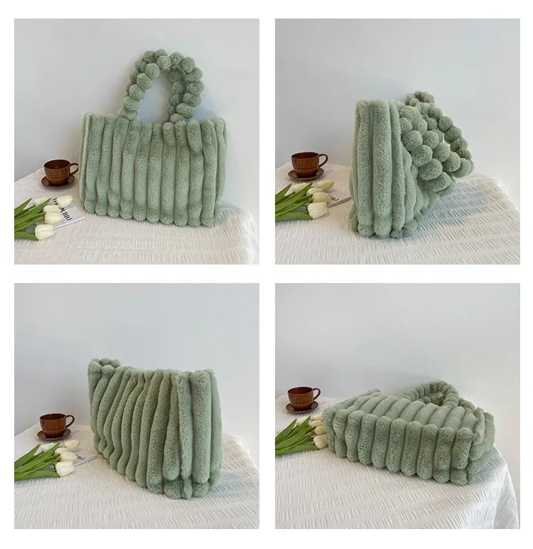 Ribbed The Tote Bags Winter Woolen Faux Fur Teddy Curl Plush Shoulder Bag